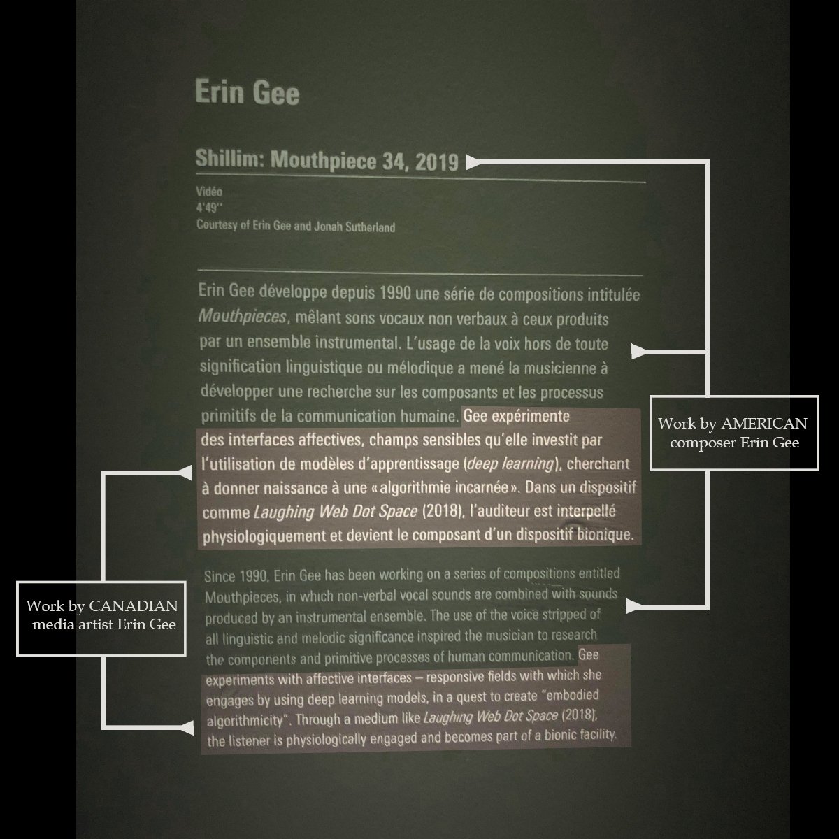 A photo of original wall text from Neurones exhibition at Centre Pompidou combining the works and research of Canadian Artist Erin Gee with American Composer Erin Gee.